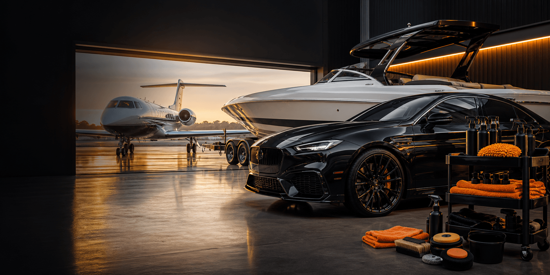 Professional XAE Detailing service bay with aircraft, boat, and vehicle