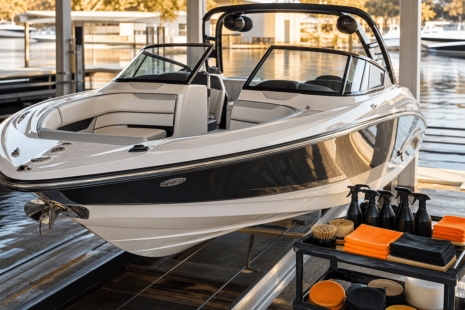 Professional XAE Detailing boat service at a marina